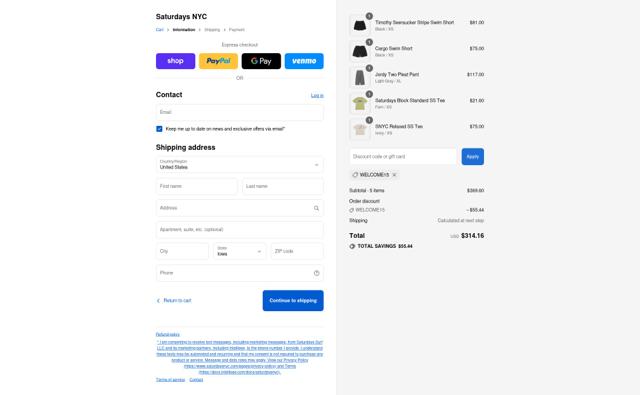 Saturdays NYC checkout page showing Saturdays NYC coupon code box | Screenshot taken by SimplyCodes community member on Sep 8, 2025