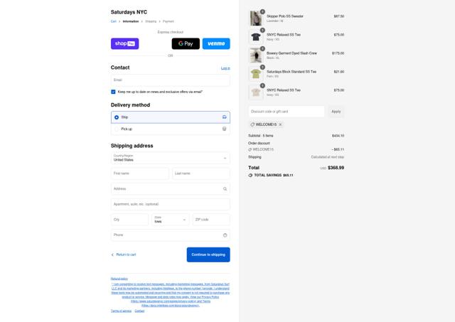Saturdays NYC checkout page showing Saturdays NYC coupon code box | Screenshot taken by SimplyCodes community member on Aug 17, 2025