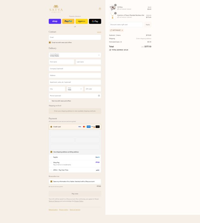 Satya Jewelry checkout page showing Satya Jewelry promo code box | Screenshot taken by SimplyCodes community member on Sep 2, 2025