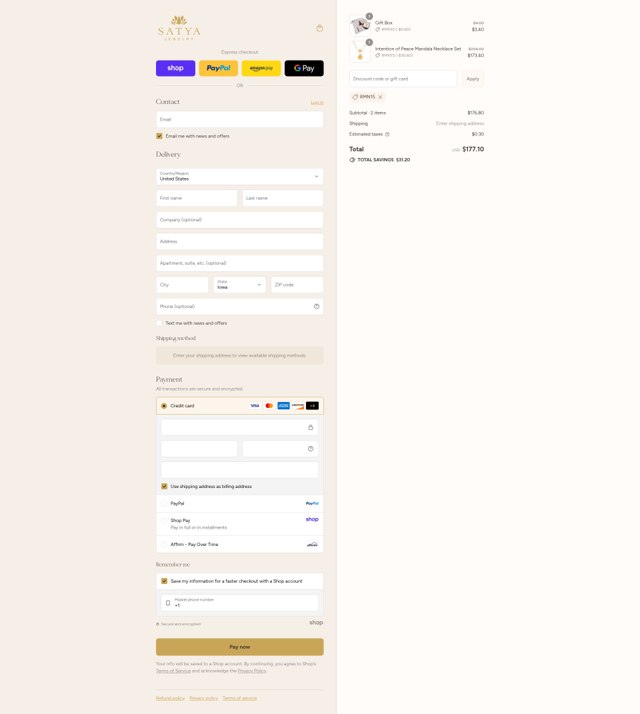 Satya Jewelry checkout page showing Satya Jewelry promo code box | Screenshot taken by SimplyCodes community member on Sep 2, 2025