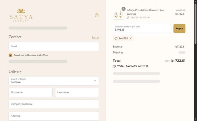 Satya Jewelry checkout page showing Satya Jewelry promo code box | Screenshot taken by SimplyCodes community member on Sep 3, 2025