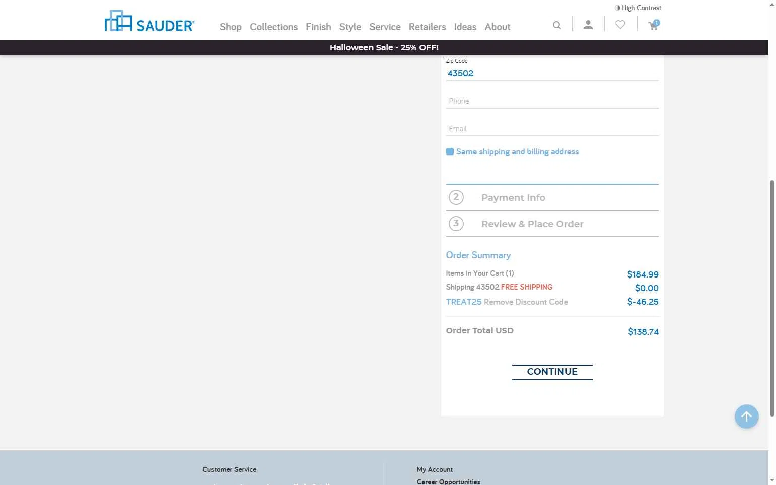 Sauder checkout page showing Sauder promo code box | Screenshot taken by SimplyCodes community member on Oct 20, 2025