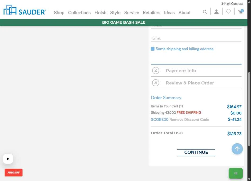 Sauder checkout page showing Sauder promo code box | Screenshot taken by SimplyCodes community member on Jan 30, 2026