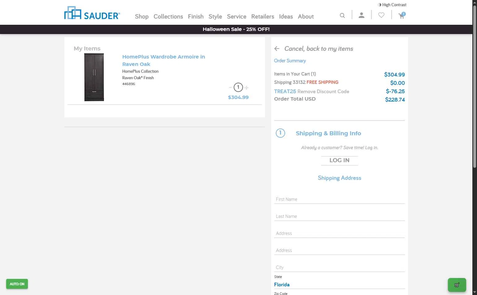 Sauder checkout page showing Sauder promo code box | Screenshot taken by SimplyCodes community member on Nov 1, 2025