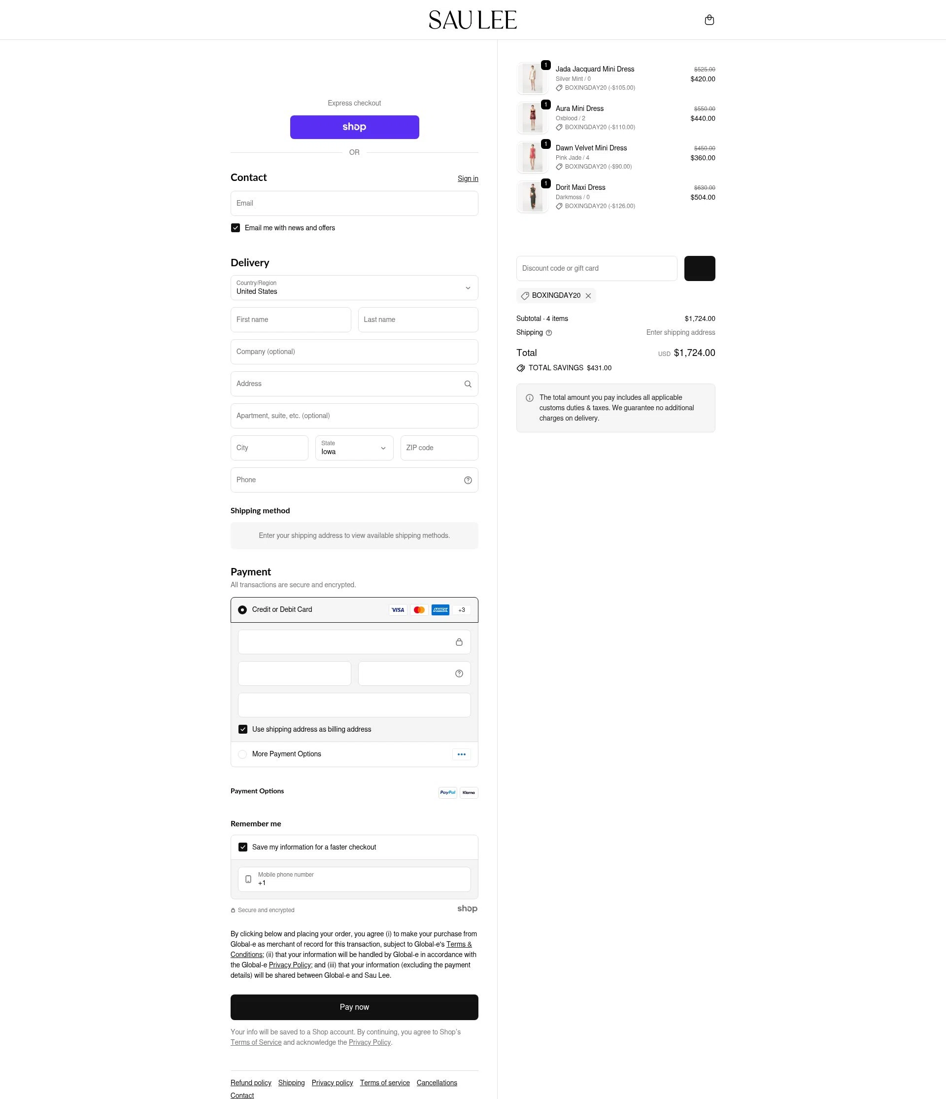 Sau Lee checkout page showing Sau Lee discount code box | Screenshot taken by SimplyCodes community member on Dec 28, 2025