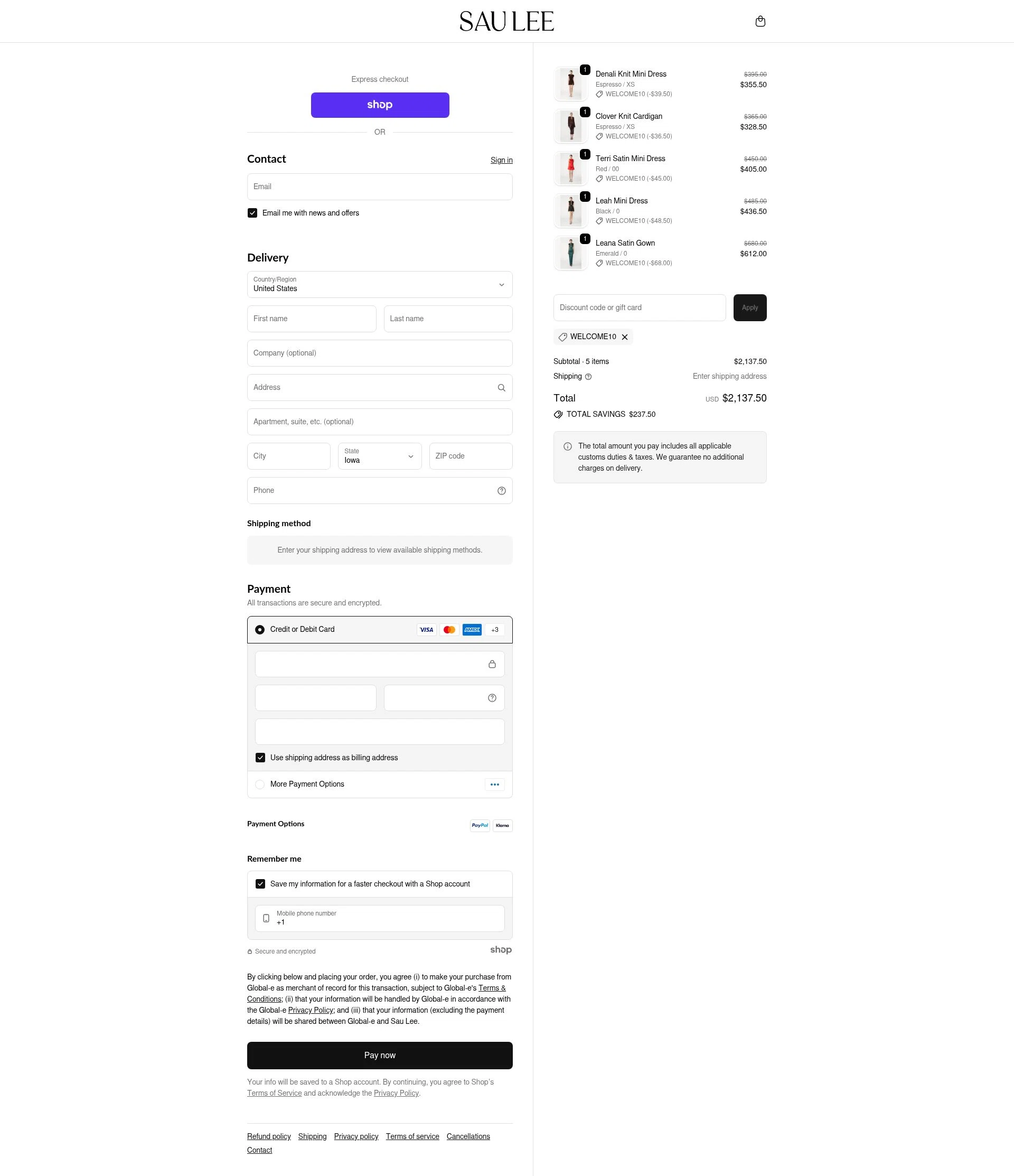 Sau Lee checkout page showing Sau Lee discount code box | Screenshot taken by SimplyCodes community member on Nov 25, 2025