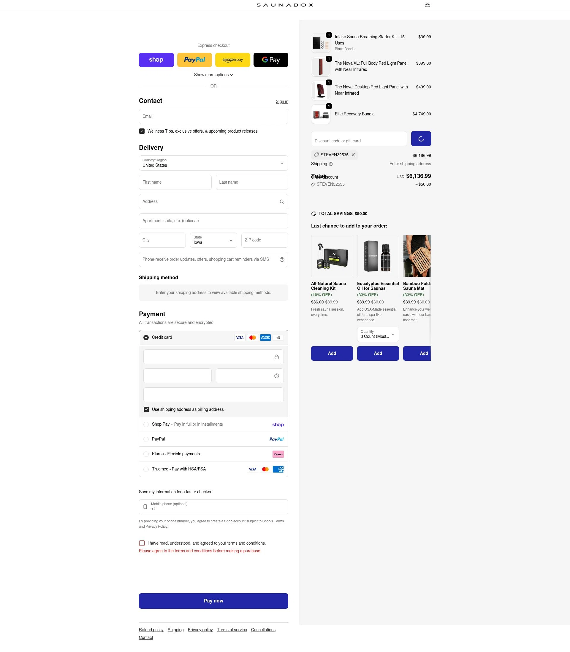 SAUNABOX checkout page showing SAUNABOX discount code box | Screenshot taken by SimplyCodes community member on Jan 30, 2026