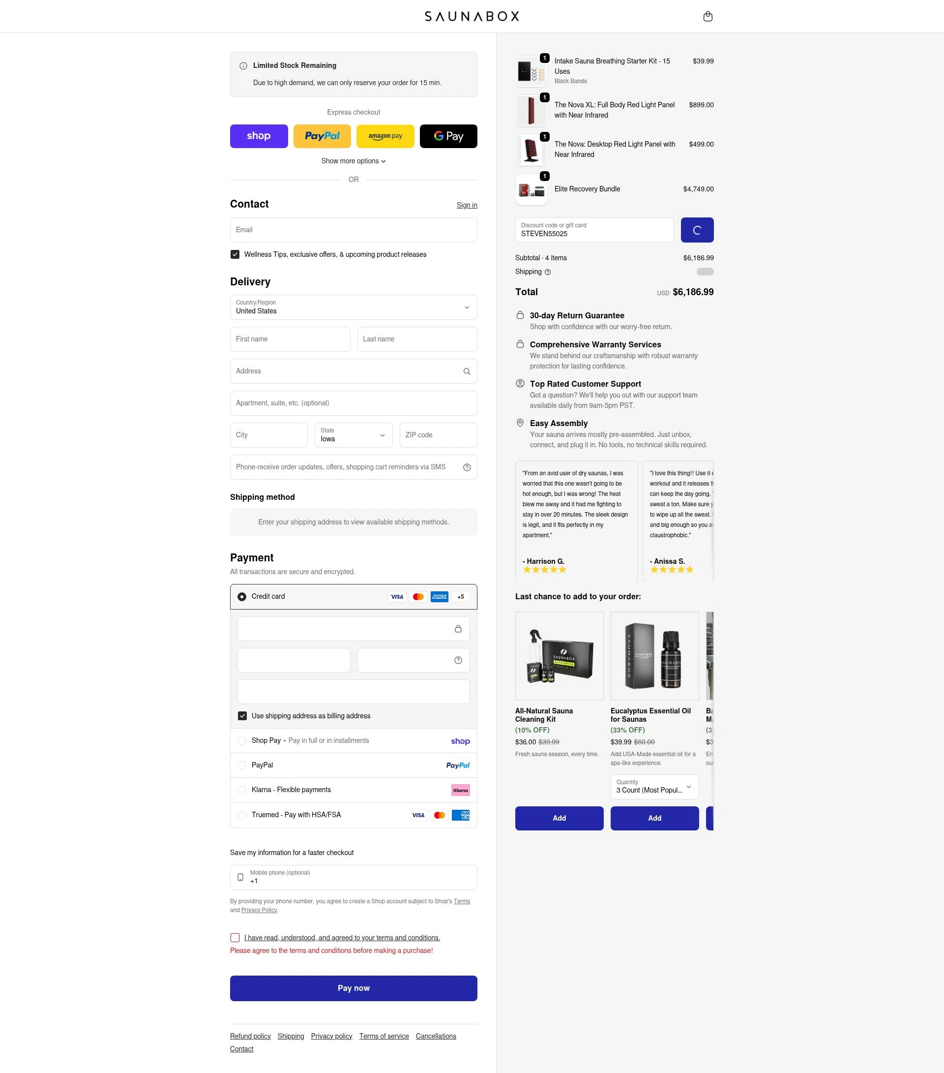 SAUNABOX checkout page showing SAUNABOX discount code box | Screenshot taken by SimplyCodes community member on Feb 4, 2026