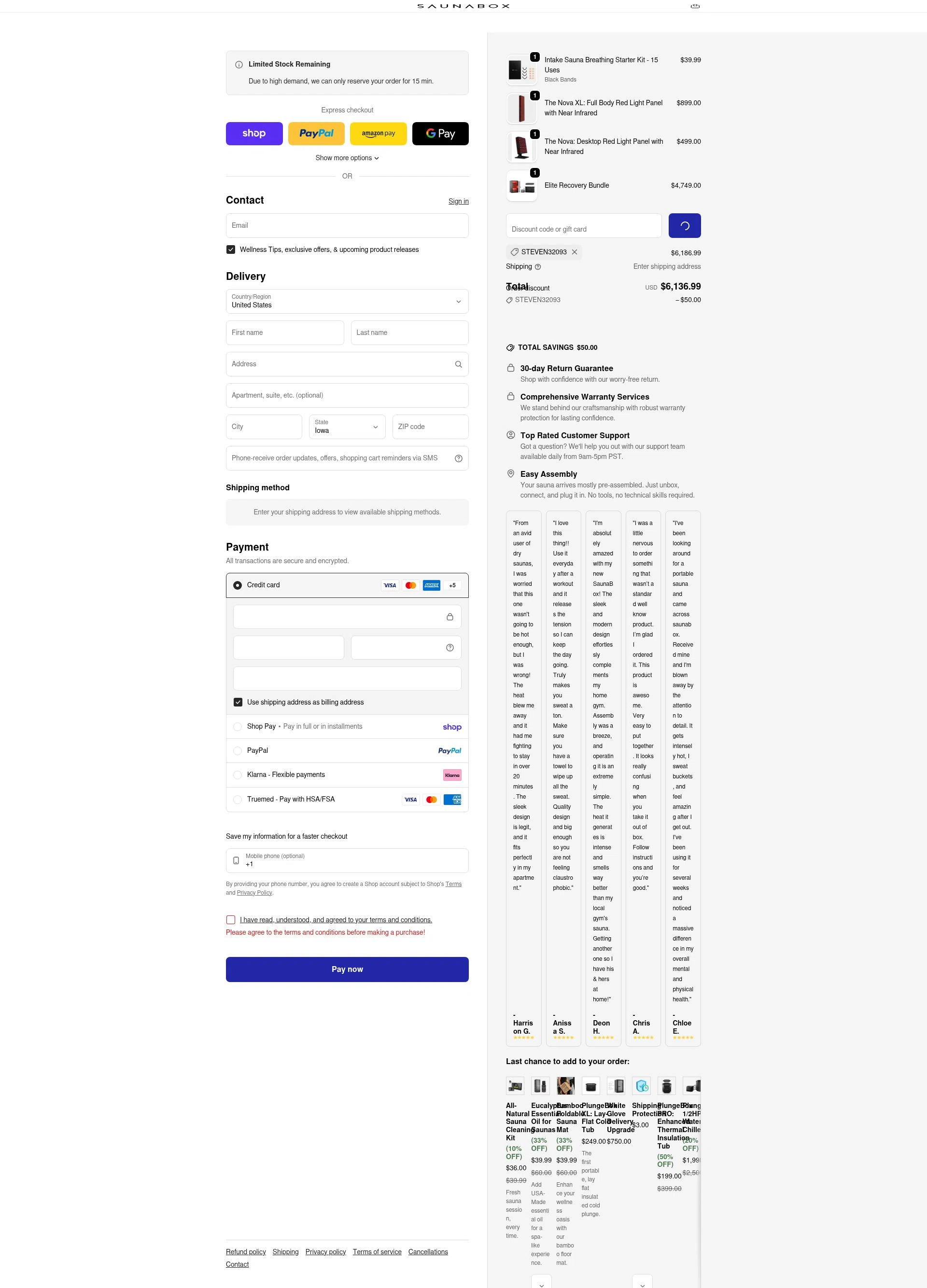 SAUNABOX checkout page showing SAUNABOX discount code box | Screenshot taken by SimplyCodes community member on Feb 1, 2026