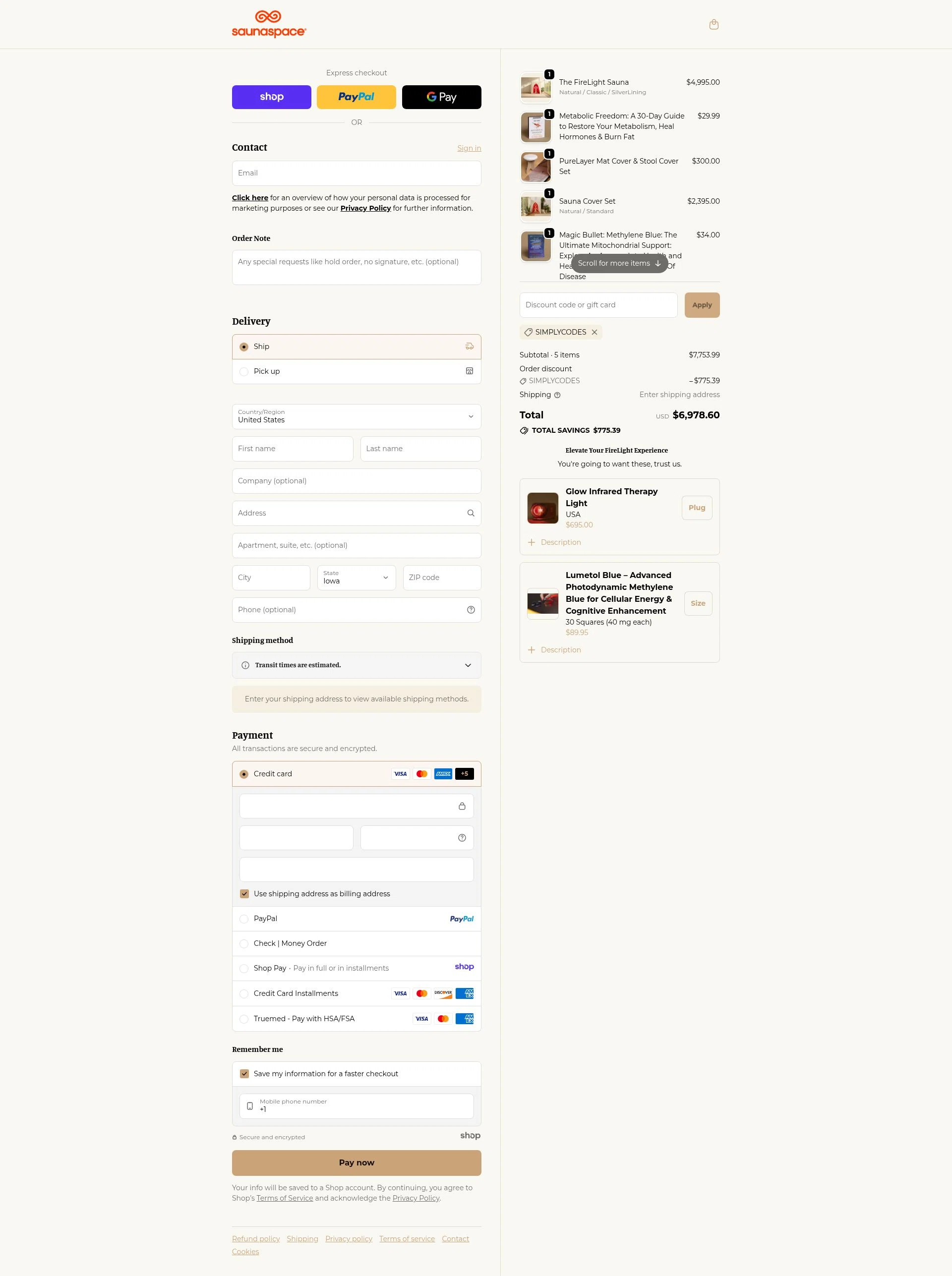 SaunaSpace checkout page showing SaunaSpace discount code box | Screenshot taken by SimplyCodes community member on Dec 13, 2025