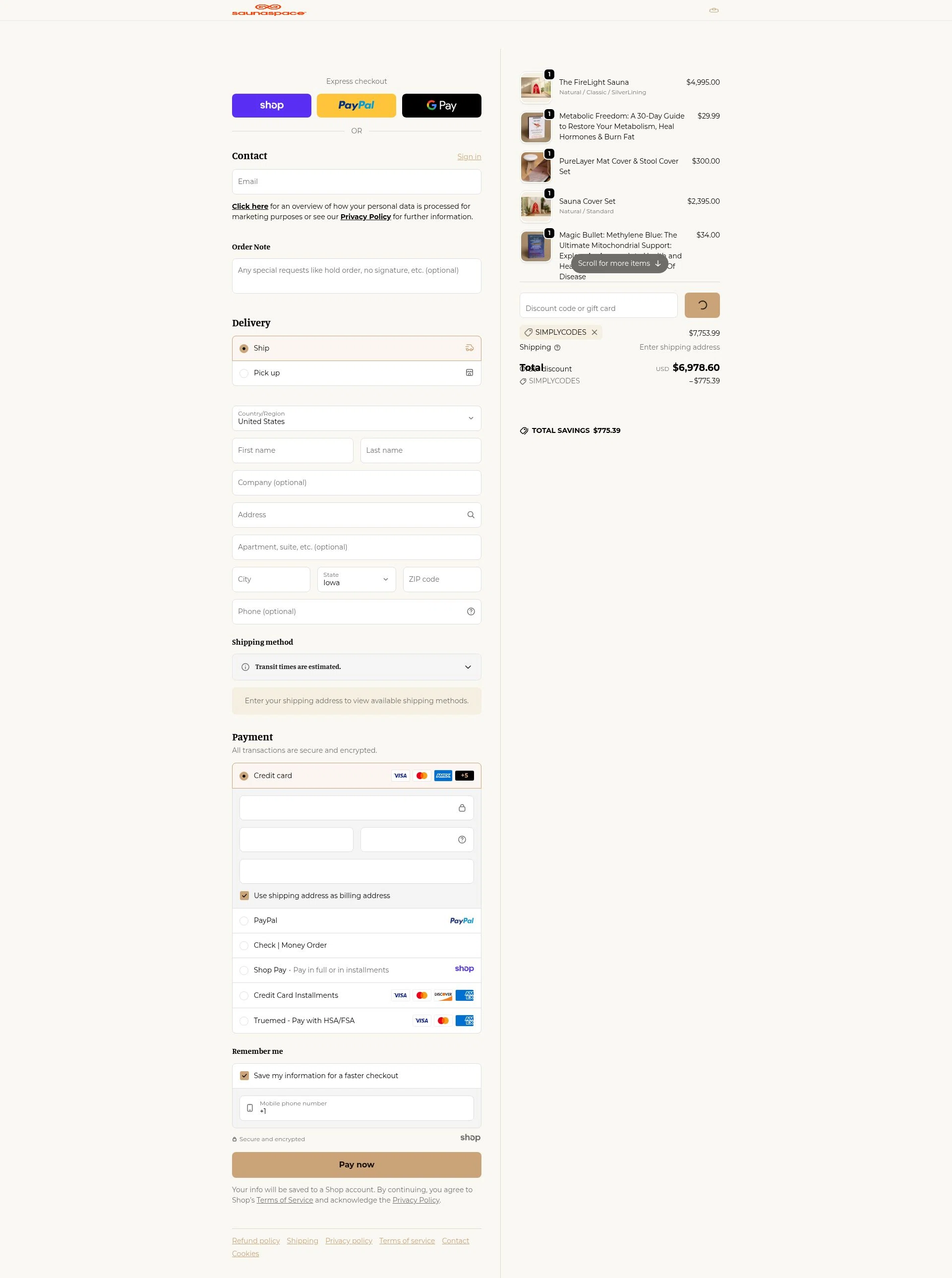 SaunaSpace checkout page showing SaunaSpace discount code box | Screenshot taken by SimplyCodes community member on Dec 20, 2025