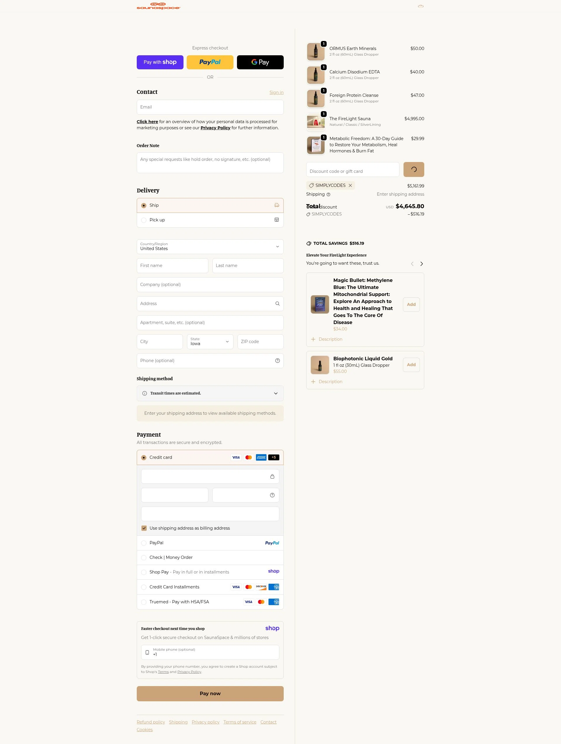 SaunaSpace checkout page showing SaunaSpace discount code box | Screenshot taken by SimplyCodes community member on Jan 10, 2026