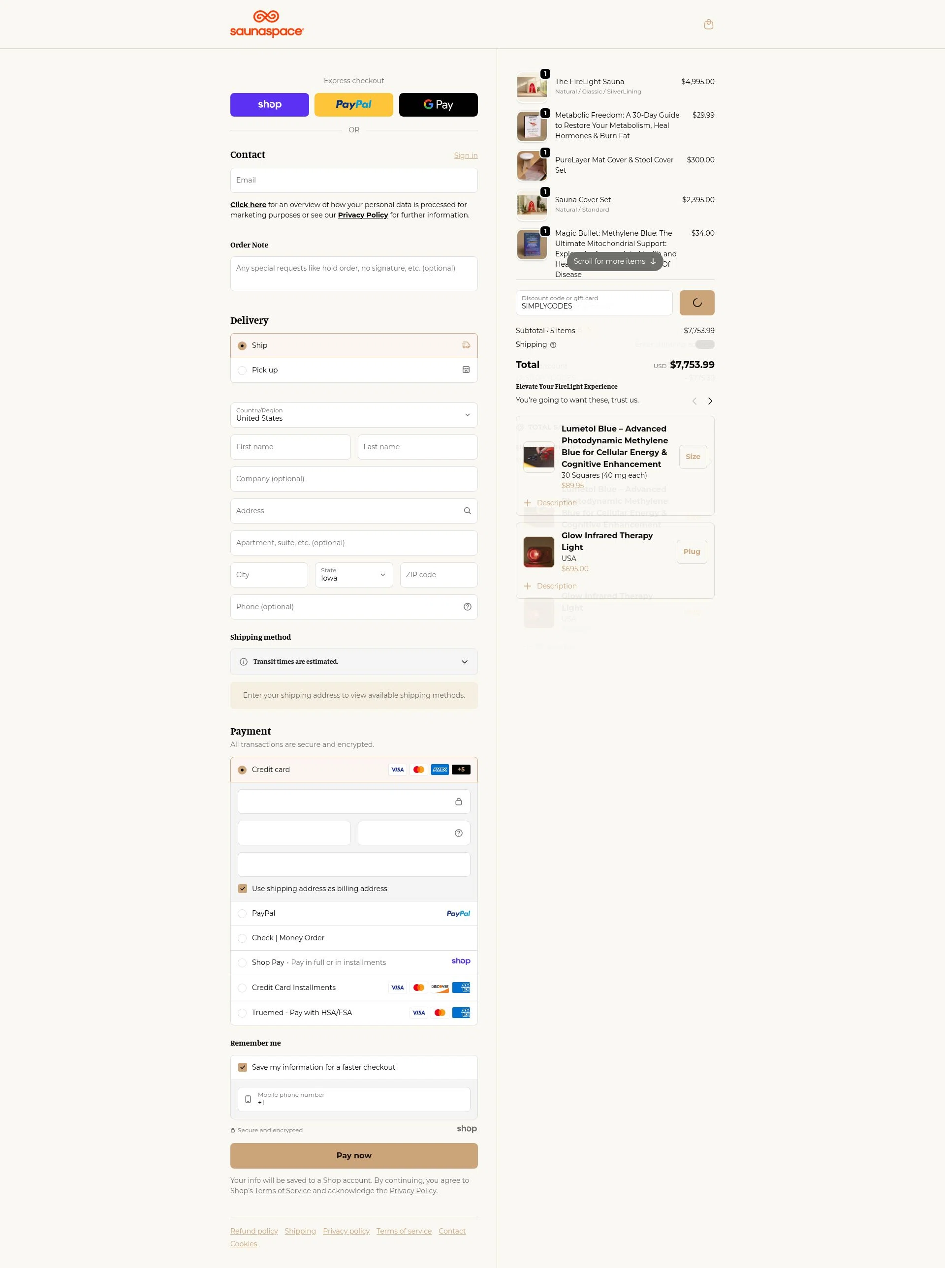 SaunaSpace checkout page showing SaunaSpace discount code box | Screenshot taken by SimplyCodes community member on Dec 26, 2025