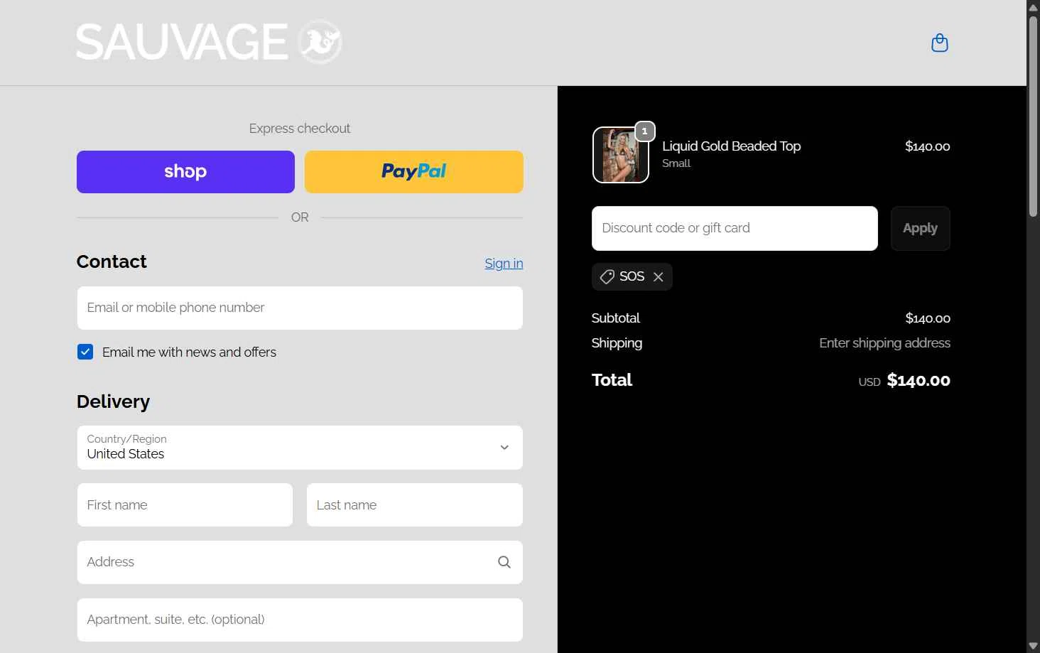 Sauvage Swimwear checkout page showing Sauvage Swimwear discount code box | Screenshot taken by SimplyCodes community member on Feb 5, 2026