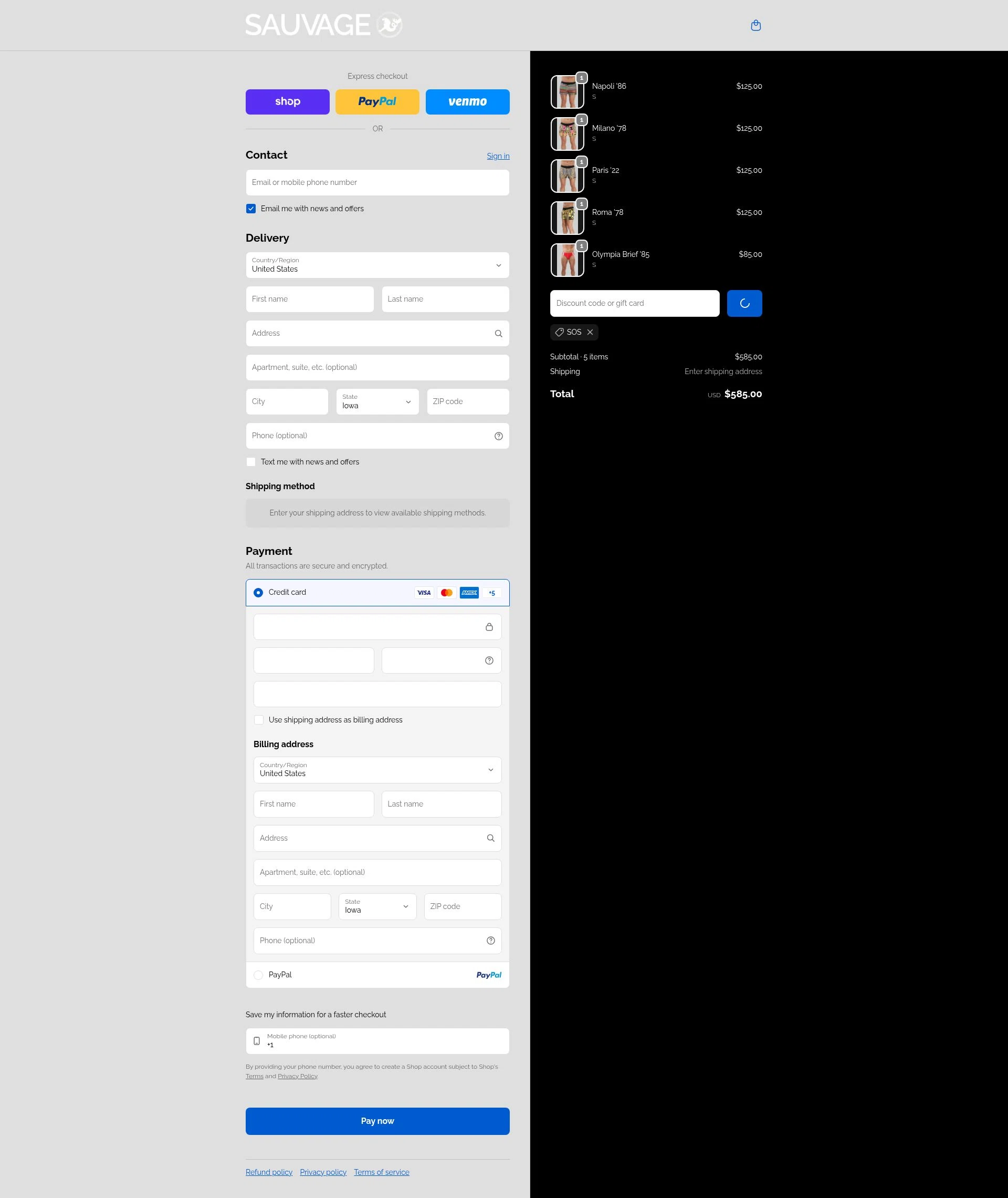 Sauvage Swimwear checkout page showing Sauvage Swimwear discount code box | Screenshot taken by SimplyCodes community member on Feb 13, 2026