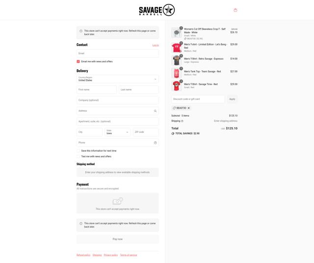 Savage Barbell checkout page showing Savage Barbell promo code box | Screenshot taken by SimplyCodes community member on Aug 22, 2025