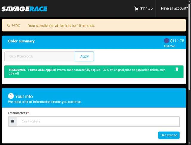 Savage Race checkout page showing Savage Race promo code box | Screenshot taken by SimplyCodes community member on Jun 20, 2025