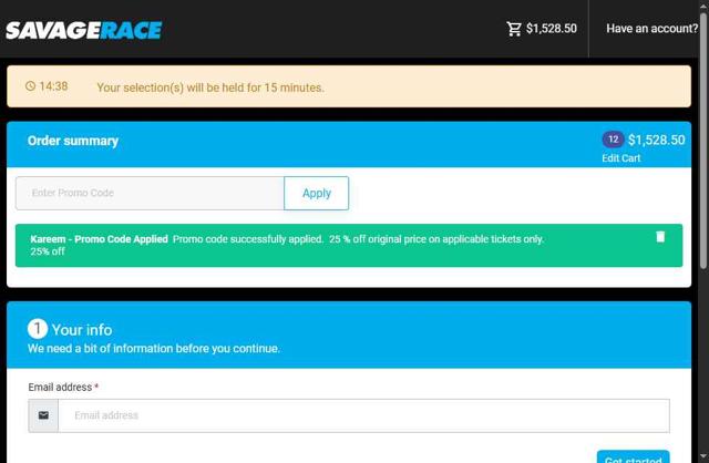 Savage Race checkout page showing Savage Race promo code box | Screenshot taken by SimplyCodes community member on Jun 13, 2025