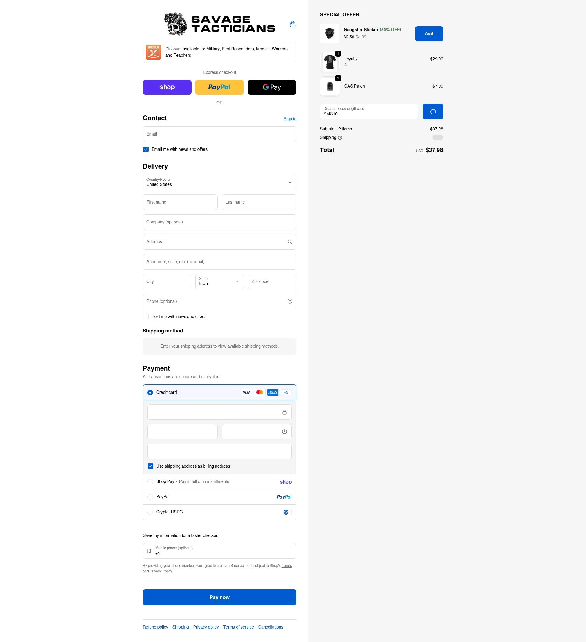 Savage Tacticians checkout page showing Savage Tacticians discount code box | Screenshot taken by SimplyCodes community member on Feb 18, 2026