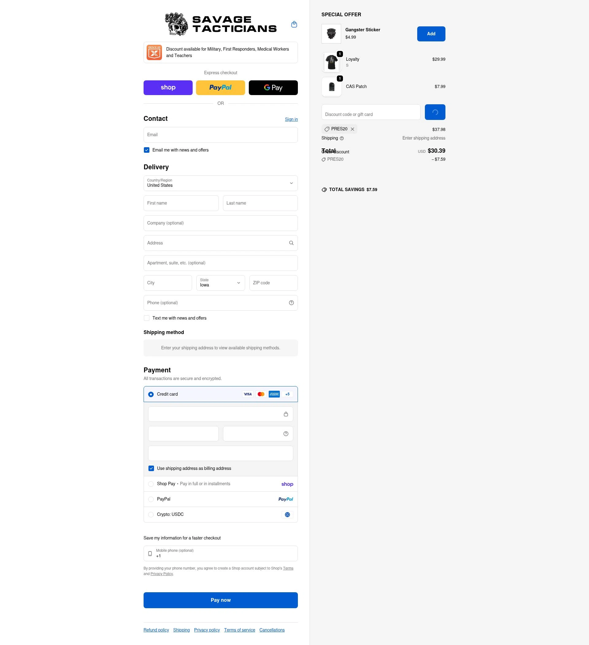 Savage Tacticians checkout page showing Savage Tacticians discount code box | Screenshot taken by SimplyCodes community member on Feb 18, 2026