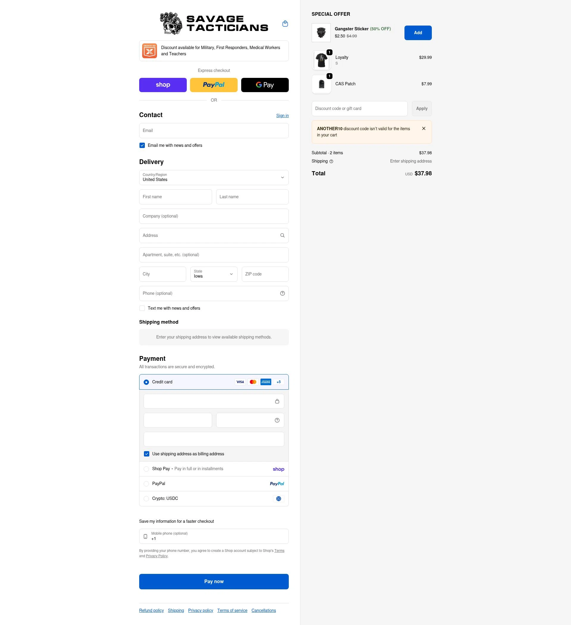 Savage Tacticians checkout page showing Savage Tacticians discount code box | Screenshot taken by SimplyCodes community member on Feb 18, 2026