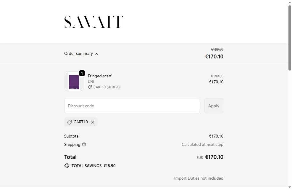 Savait checkout page showing Savait discount code box | Screenshot taken by SimplyCodes community member on Nov 14, 2025