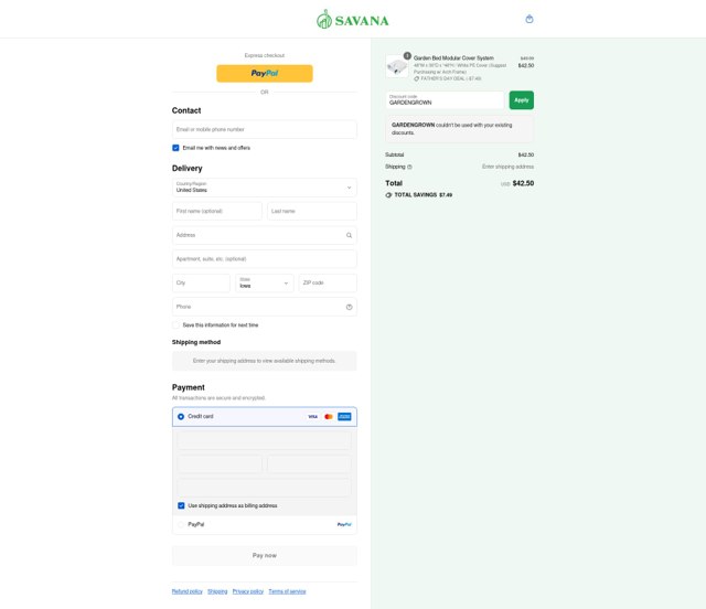 Savana Garden checkout page showing Savana Garden promo code box | Screenshot taken by SimplyCodes community member on Sep 4, 2025