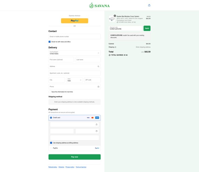 Savana Garden checkout page showing Savana Garden promo code box | Screenshot taken by SimplyCodes community member on Sep 4, 2025