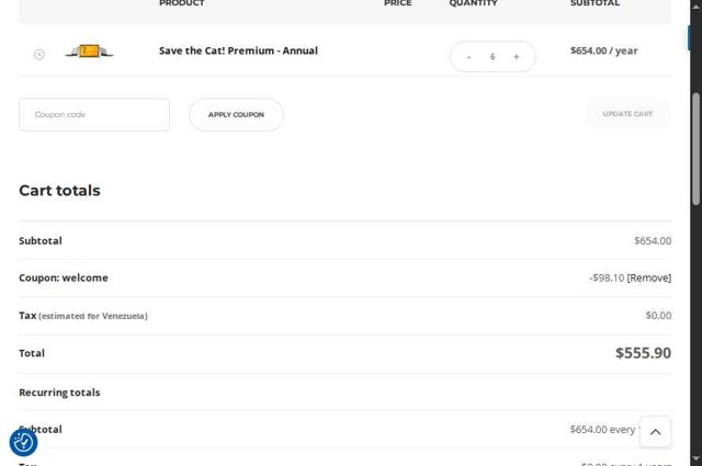 Save the Cat! checkout page showing Save the Cat! coupon code box | Screenshot taken by SimplyCodes community member on Aug 21, 2025