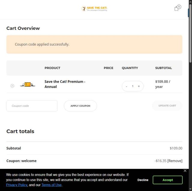 Save the Cat! checkout page showing Save the Cat! coupon code box | Screenshot taken by SimplyCodes community member on Aug 3, 2025