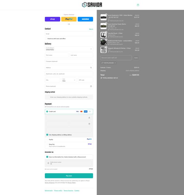 Savior Equipment checkout page showing Savior Equipment discount code box | Screenshot taken by SimplyCodes community member on Sep 14, 2025