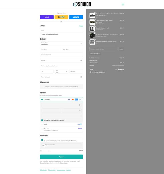 Savior Equipment checkout page showing Savior Equipment discount code box | Screenshot taken by SimplyCodes community member on Sep 14, 2025