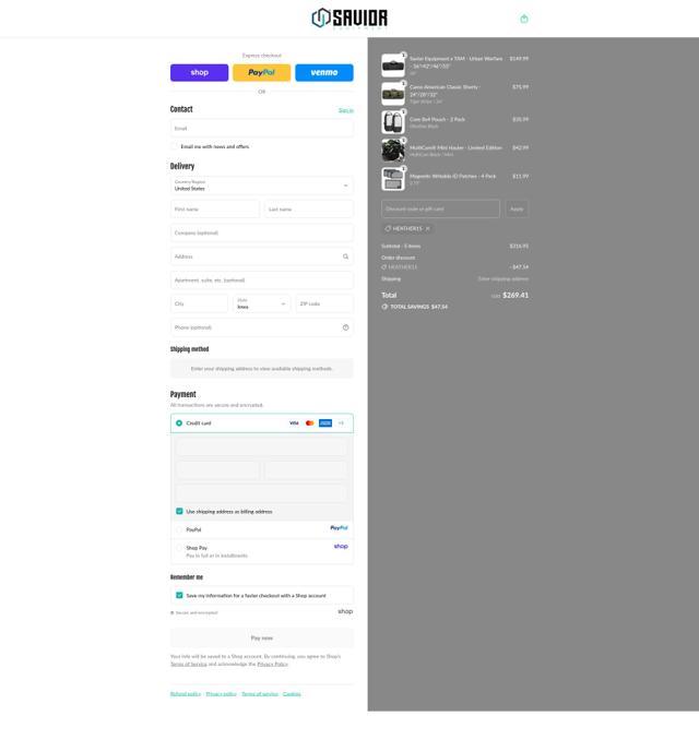 Savior Equipment checkout page showing Savior Equipment discount code box | Screenshot taken by SimplyCodes community member on Sep 14, 2025
