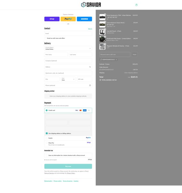 Savior Equipment checkout page showing Savior Equipment discount code box | Screenshot taken by SimplyCodes community member on Sep 14, 2025