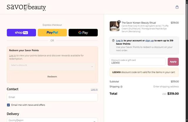 Savor Beauty checkout page showing Savor Beauty discount code box | Screenshot taken by SimplyCodes community member on May 20, 2025