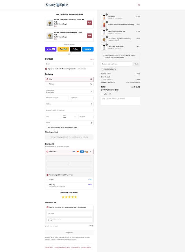 Savory Spice checkout page showing Savory Spice promo code box | Screenshot taken by SimplyCodes community member on Aug 27, 2025