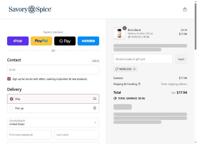 Savory Spice checkout page showing Savory Spice promo code box | Screenshot taken by SimplyCodes community member on Sep 4, 2025