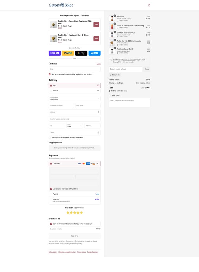 Savory Spice checkout page showing Savory Spice promo code box | Screenshot taken by SimplyCodes community member on Aug 27, 2025