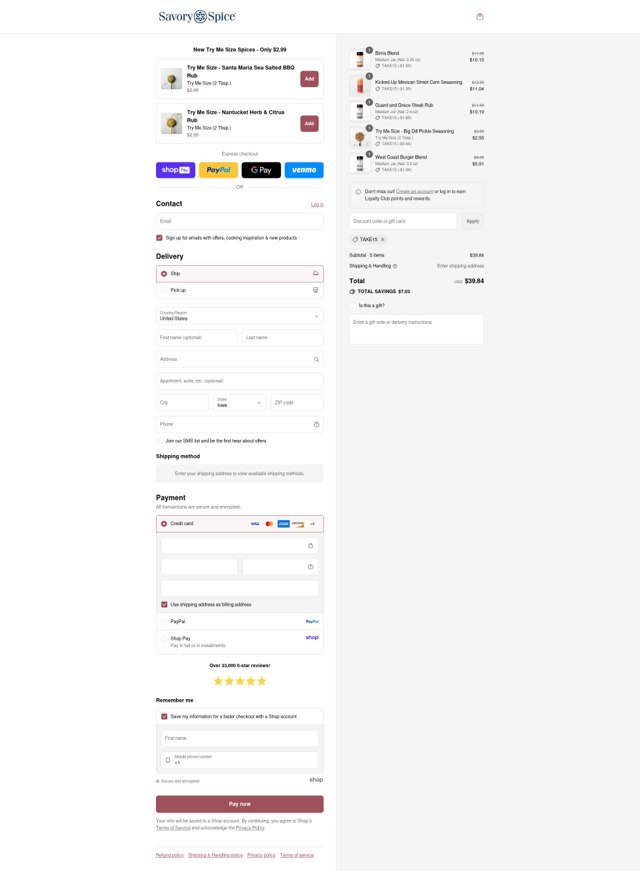 Savory Spice checkout page showing Savory Spice promo code box | Screenshot taken by SimplyCodes community member on Aug 23, 2025