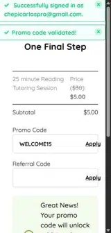 WELCOME15 coupon verification screenshot