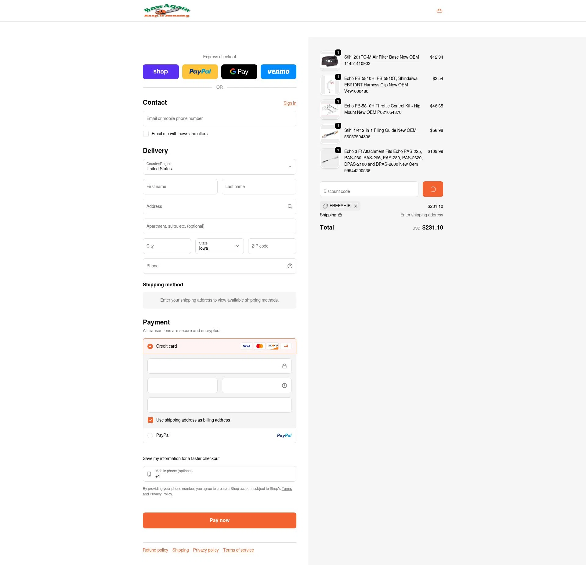 SawAgain checkout page showing SawAgain coupon code box | Screenshot taken by SimplyCodes community member on Jan 30, 2026