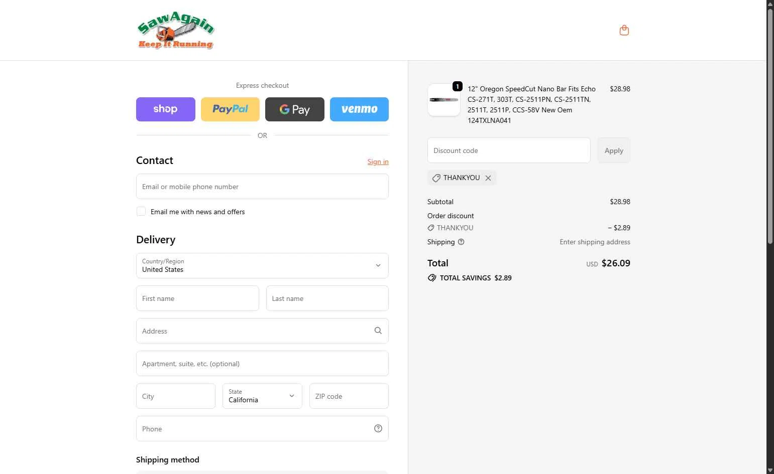 SawAgain checkout page showing SawAgain coupon code box | Screenshot taken by SimplyCodes community member on Jan 31, 2026