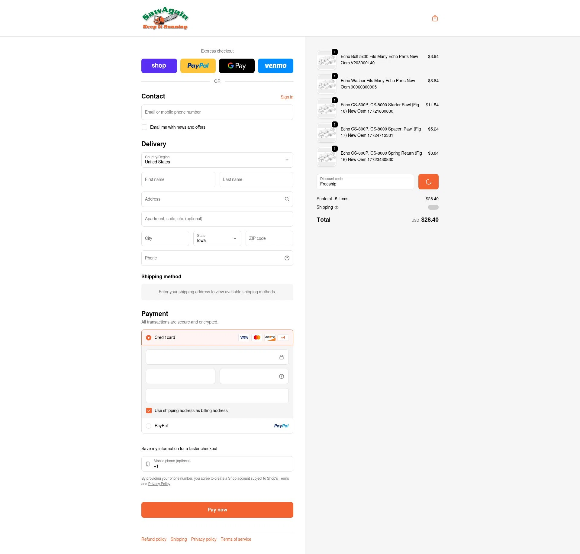 SawAgain checkout page showing SawAgain coupon code box | Screenshot taken by SimplyCodes community member on Feb 4, 2026