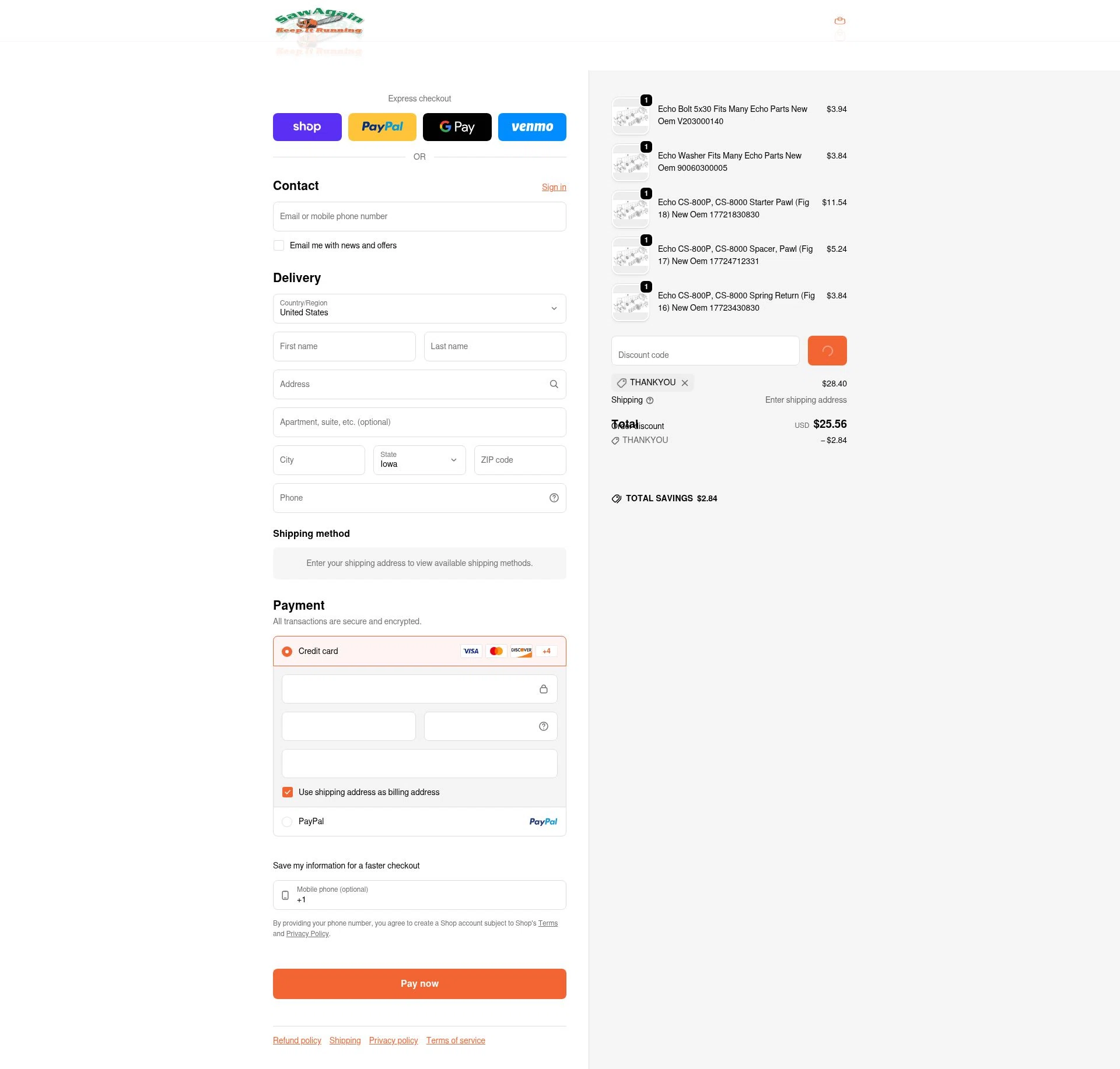 SawAgain checkout page showing SawAgain coupon code box | Screenshot taken by SimplyCodes community member on Feb 4, 2026