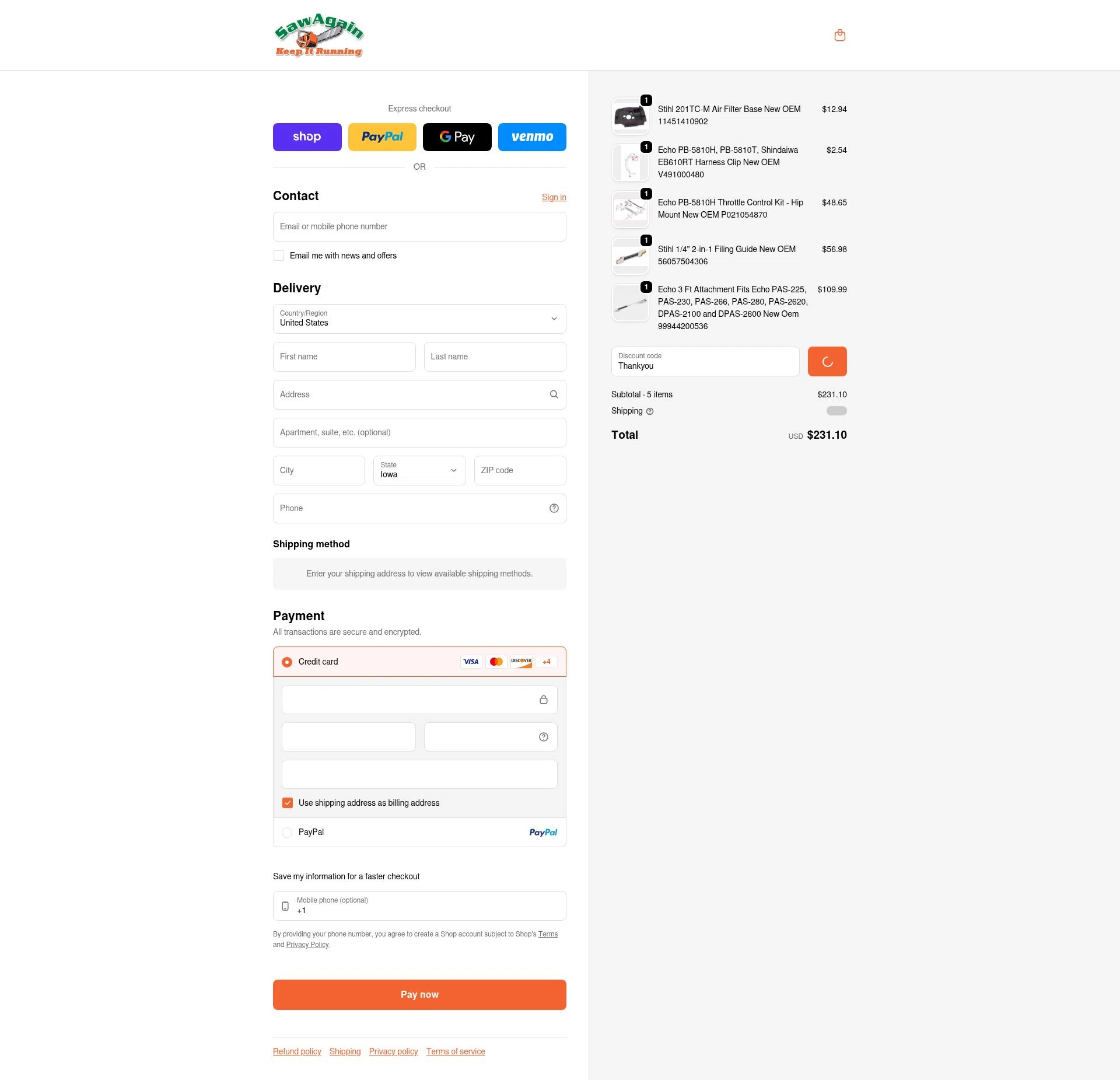 SawAgain checkout page showing SawAgain coupon code box | Screenshot taken by SimplyCodes community member on Jan 30, 2026