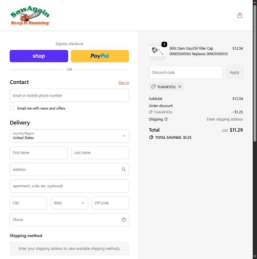 SawAgain checkout page showing SawAgain coupon code box | Screenshot taken by SimplyCodes community member on Jan 31, 2026