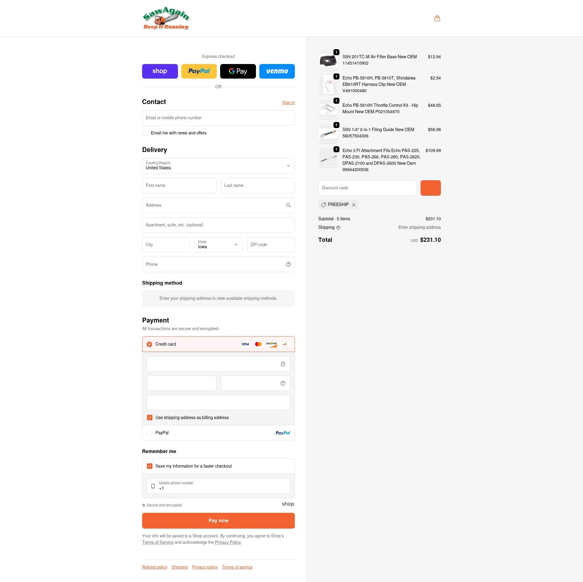 SawAgain checkout page showing SawAgain coupon code box | Screenshot taken by SimplyCodes community member on Jan 21, 2026