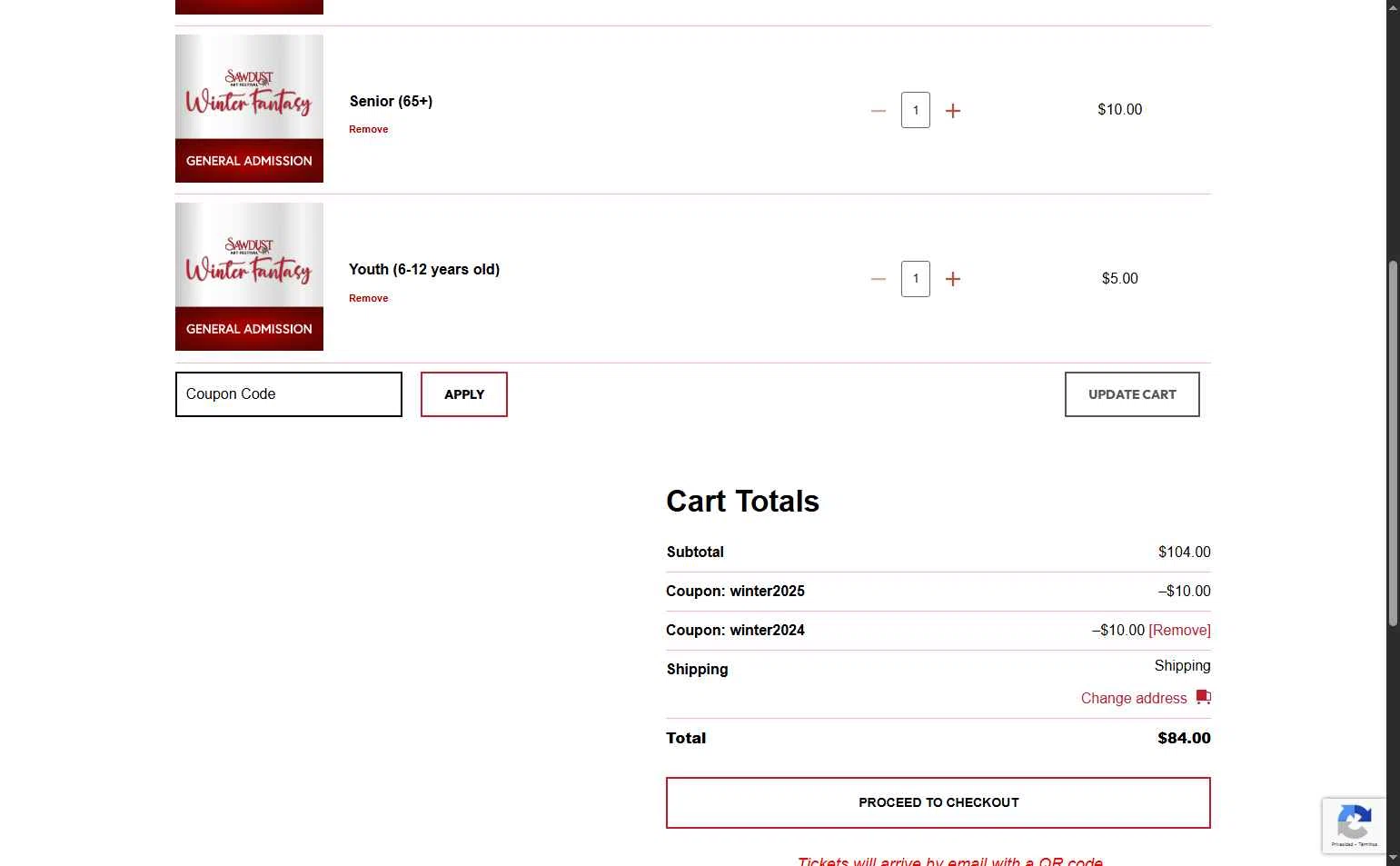 Sawdust Art Festival checkout page showing Sawdust Art Festival coupon code box | Screenshot taken by SimplyCodes community member on Nov 12, 2025