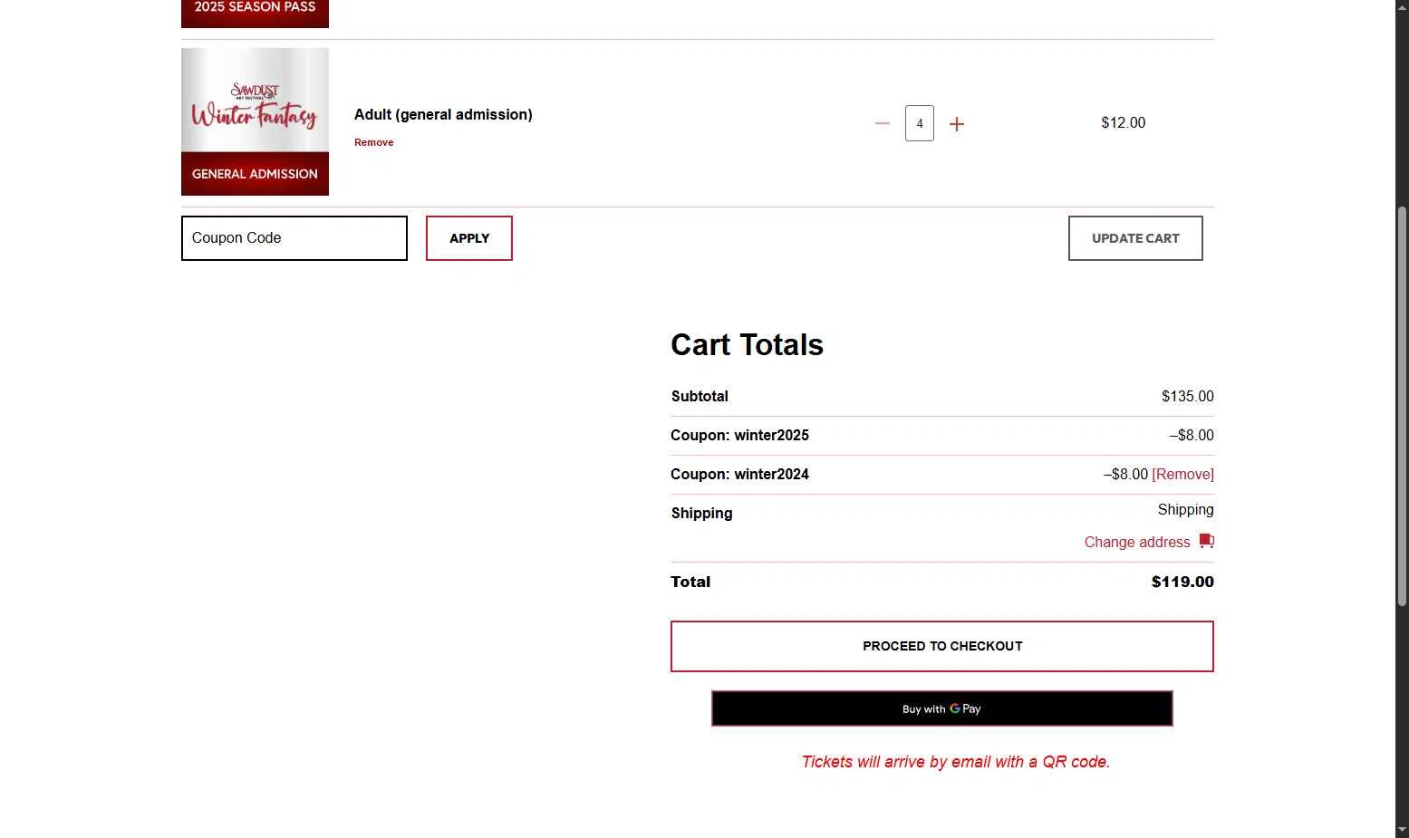 Sawdust Art Festival checkout page showing Sawdust Art Festival coupon code box | Screenshot taken by SimplyCodes community member on Nov 12, 2025