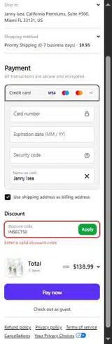 INSECT50 coupon verification screenshot